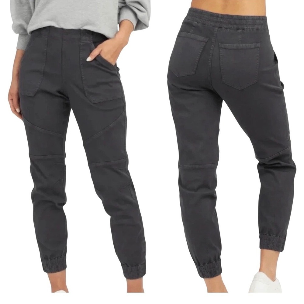 SPANX Womens Size M Black Twill Cargo Jogger Pants Moto Stitch Elastic Waist ank